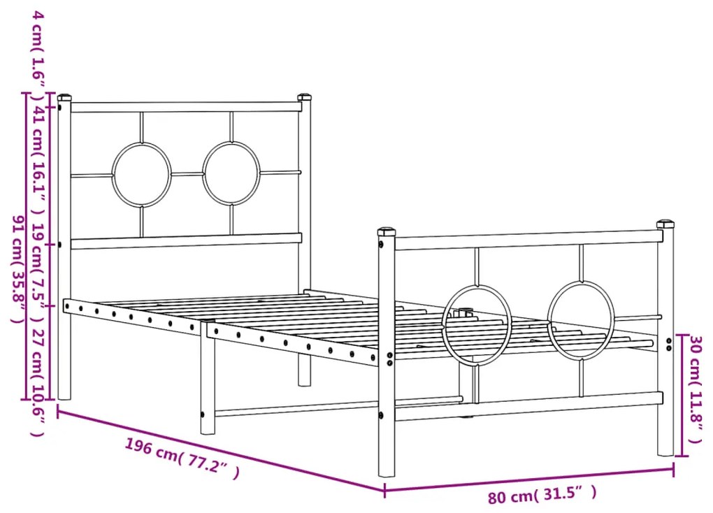 Estrutura de cama com cabeceira e pés 75x190 cm metal branco