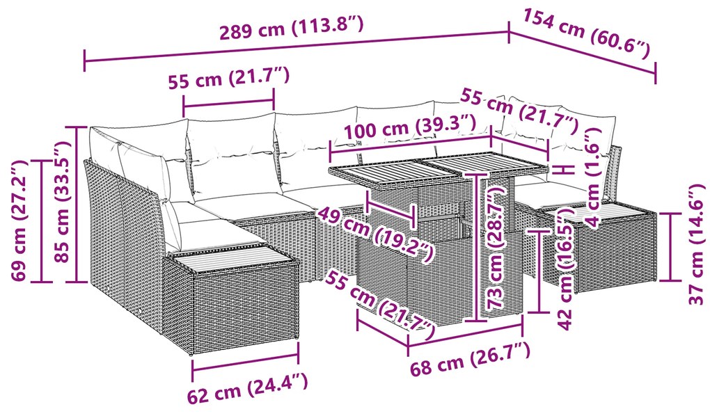 Conjunto de Jantar para Jardim de 8 Peças com Almofadas Cinza em Ratta