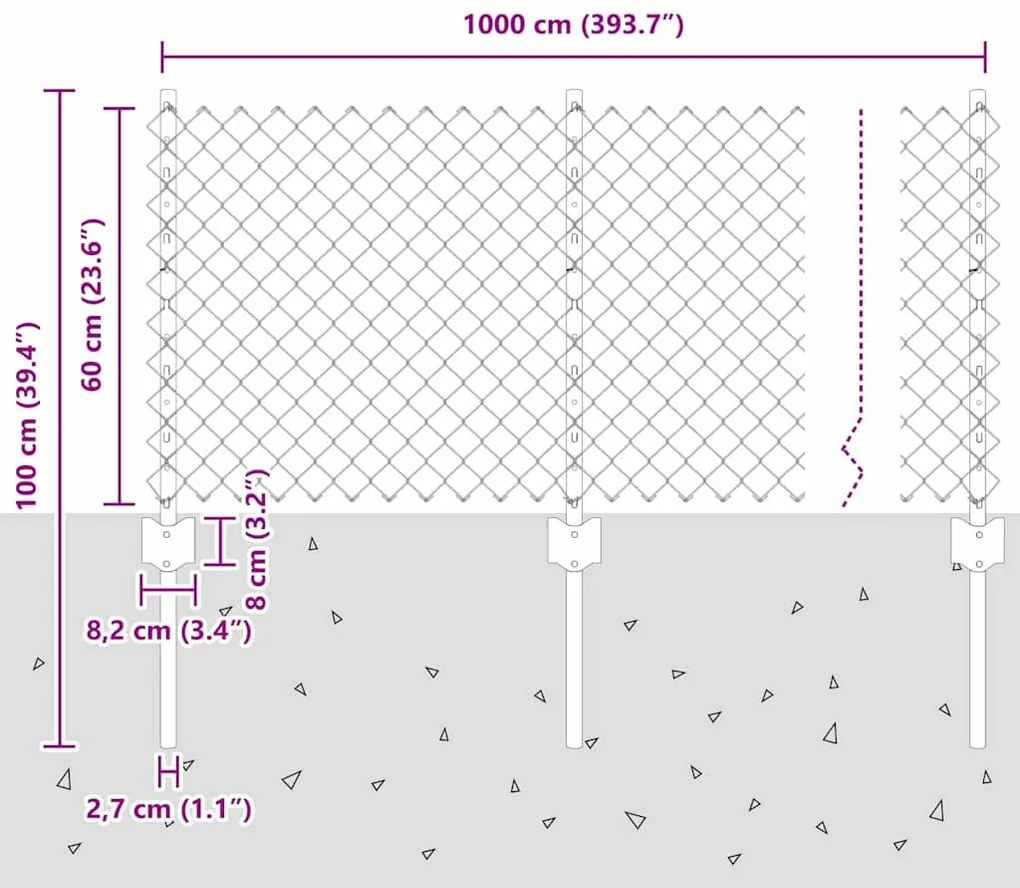 Cerca de Cadeia com 10 Postes em U Prateada 0.6x10 m Aço