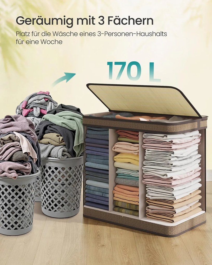 Cesto para roupa suja de 170 litros 67 x 44 x 61 cm em bambu com 3 compartimentos e tampa castanho