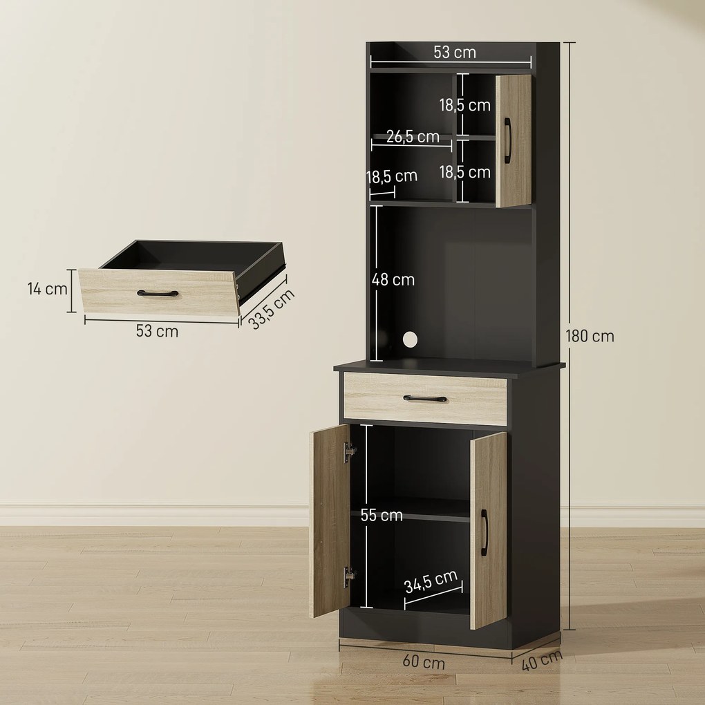 Armário alto de cozinha 60 x 40 x 180 cm, com gaveta, 3 portas, prateleiras abertas, bancada, efeito de madeira natural e preto