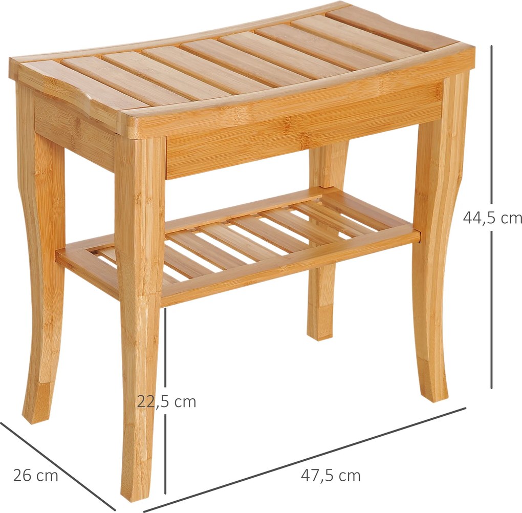 Banco para Casa de Banho de Bambu com Prateleira de Arrumação Antiderrapante Impermeável e Resistente 47,5x26x44,5 cm Madeira