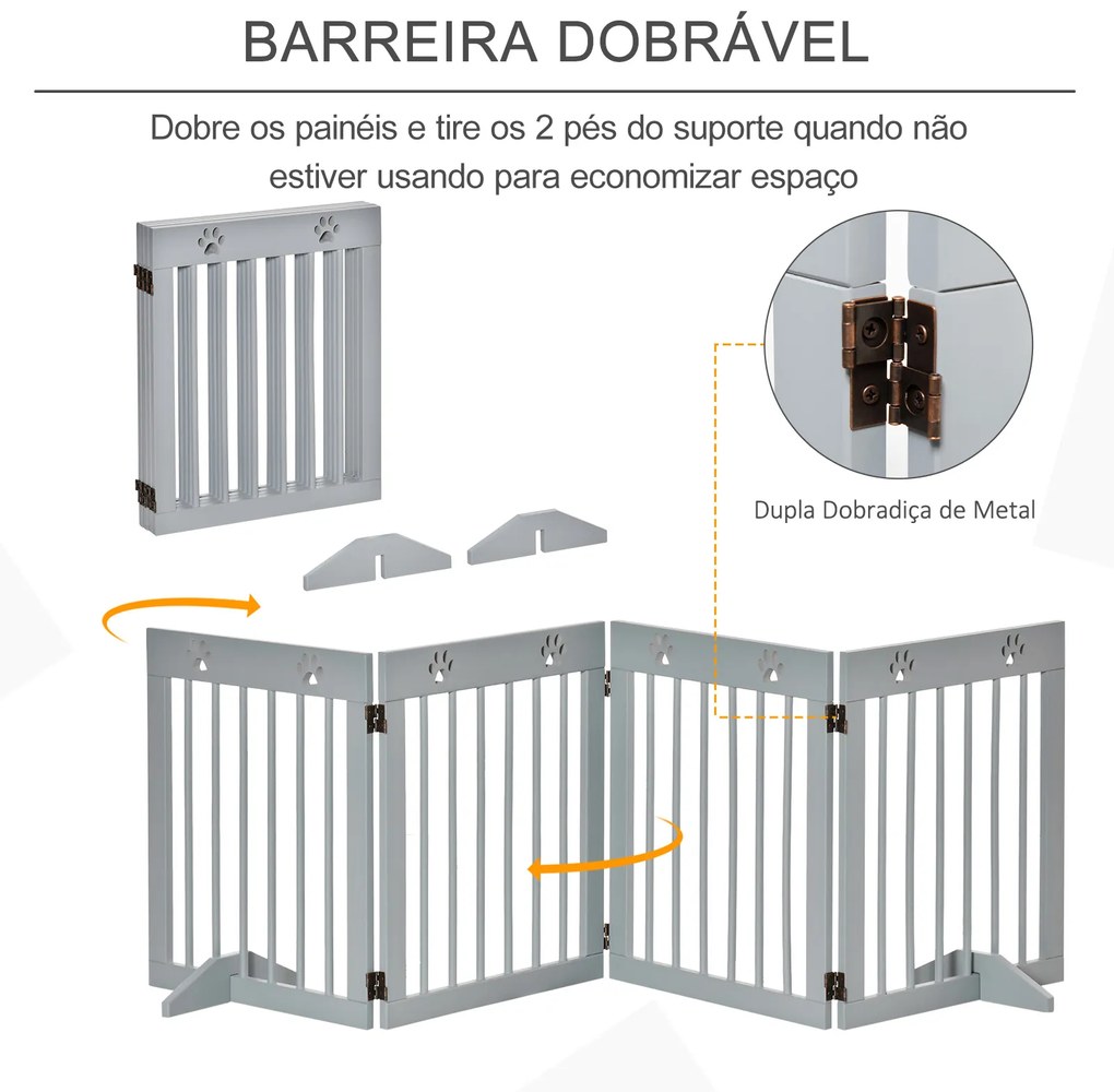 Barreira de Segurança Dobrável para Cães de 4 Painéis com Pés para Portas Escadas Corredor 204x30x61 cm Cinza