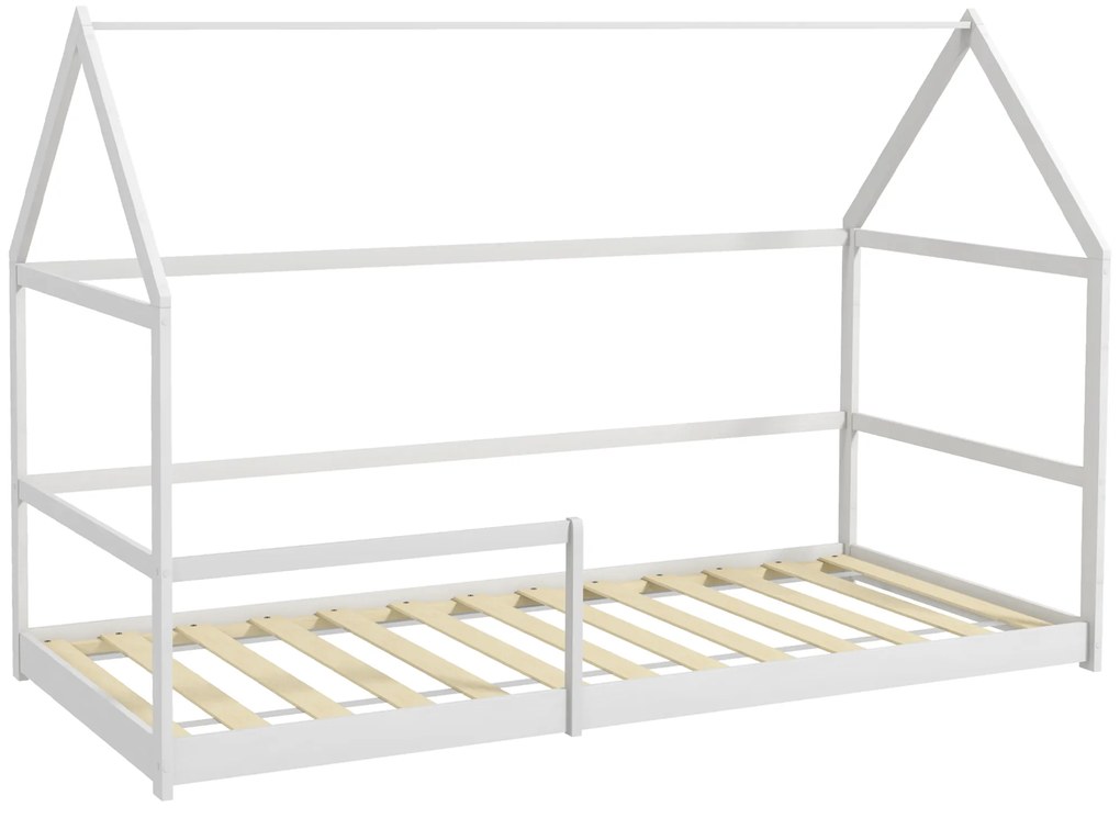 Cama Infantil 90x190 cm em Forma de Casa com Barreira Protetora Cama Casinha de Madeira Carga 60 kg Branco