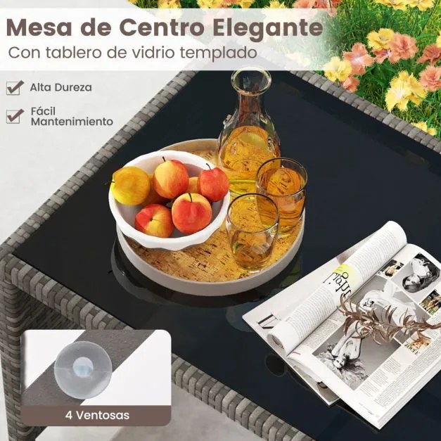 Conjunto de Jardim, 4 peças em rattan com almofadas e tampo em vidro temperado, para jardim, alpendre ou varanda, cinzento e Creme