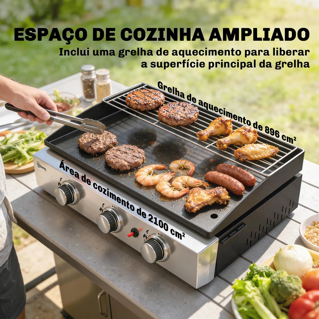 Grelhador a Gás com 3 Queimadores 7,5 kW Barbecue Portátil com Placa Grelha de Aquecimento e Recipiente de Gordura Preto