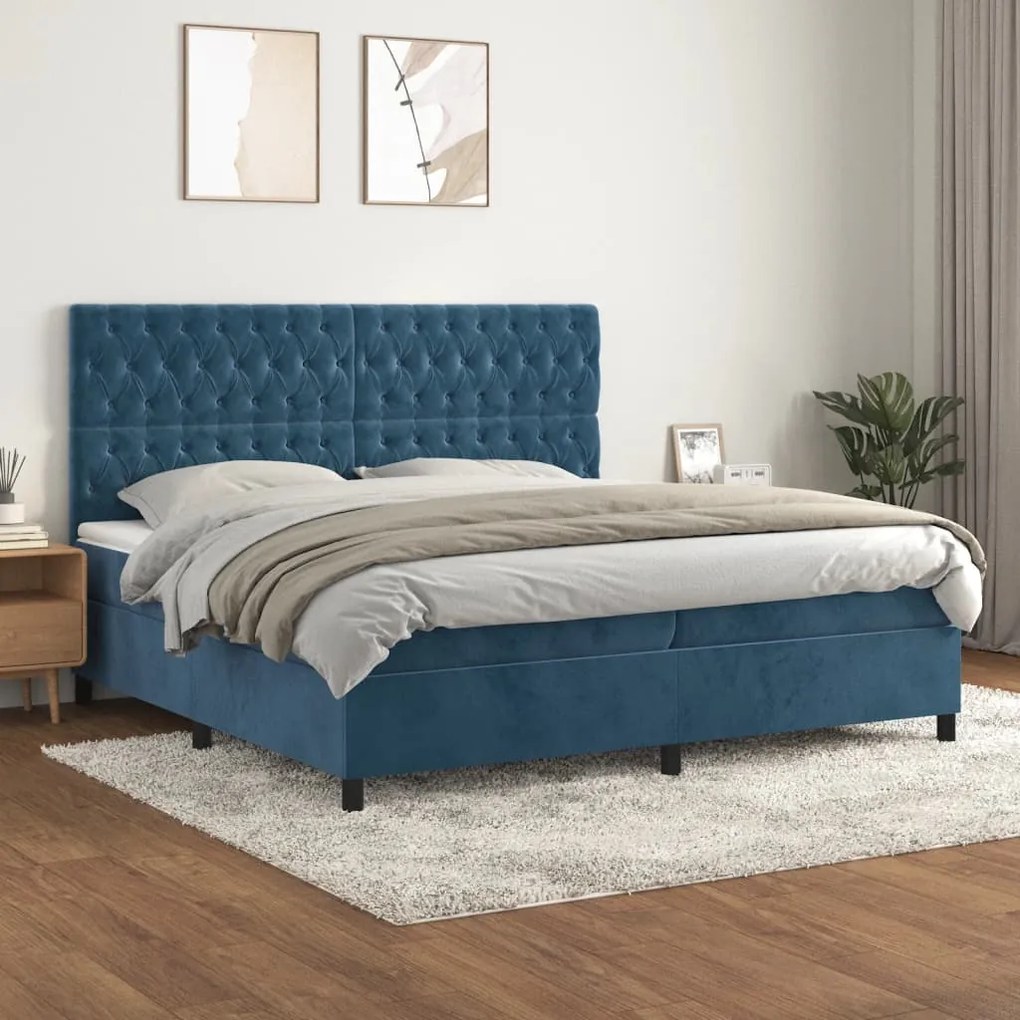 Cama com molas/colchão 200x200 cm veludo azul-escuro