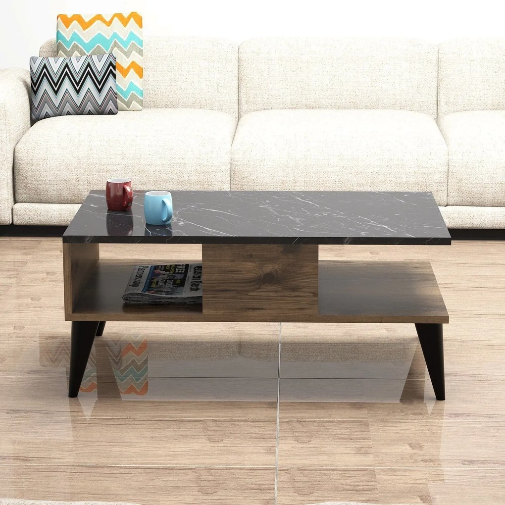 Mesa de Centro Lidya – Nogueira e Mármore – 90 cm x 39,6 cm x 54 cm