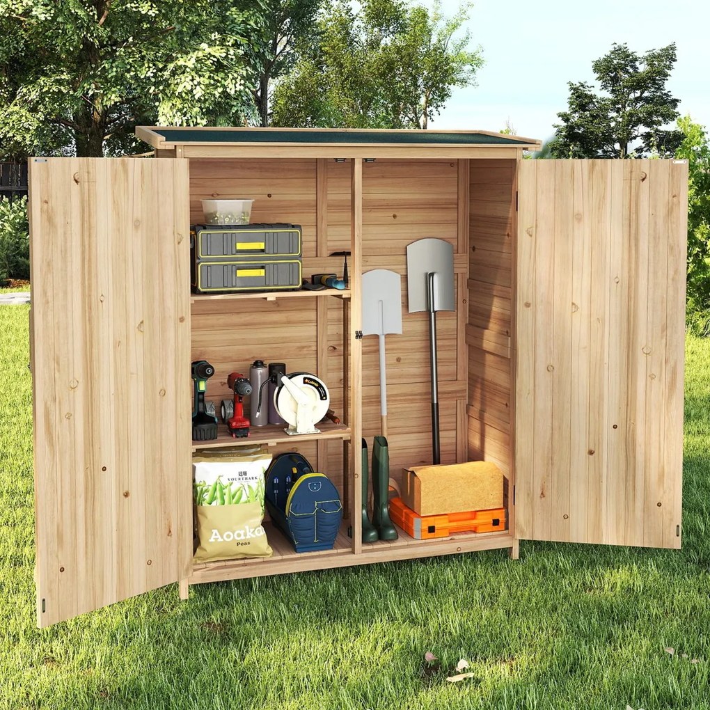 Abrigo de jardim com telhado inclinado Asfalto 140x51x163cm Madeira maciça Estantes removíveis Portas Fechadura Abrigo exterior Natural