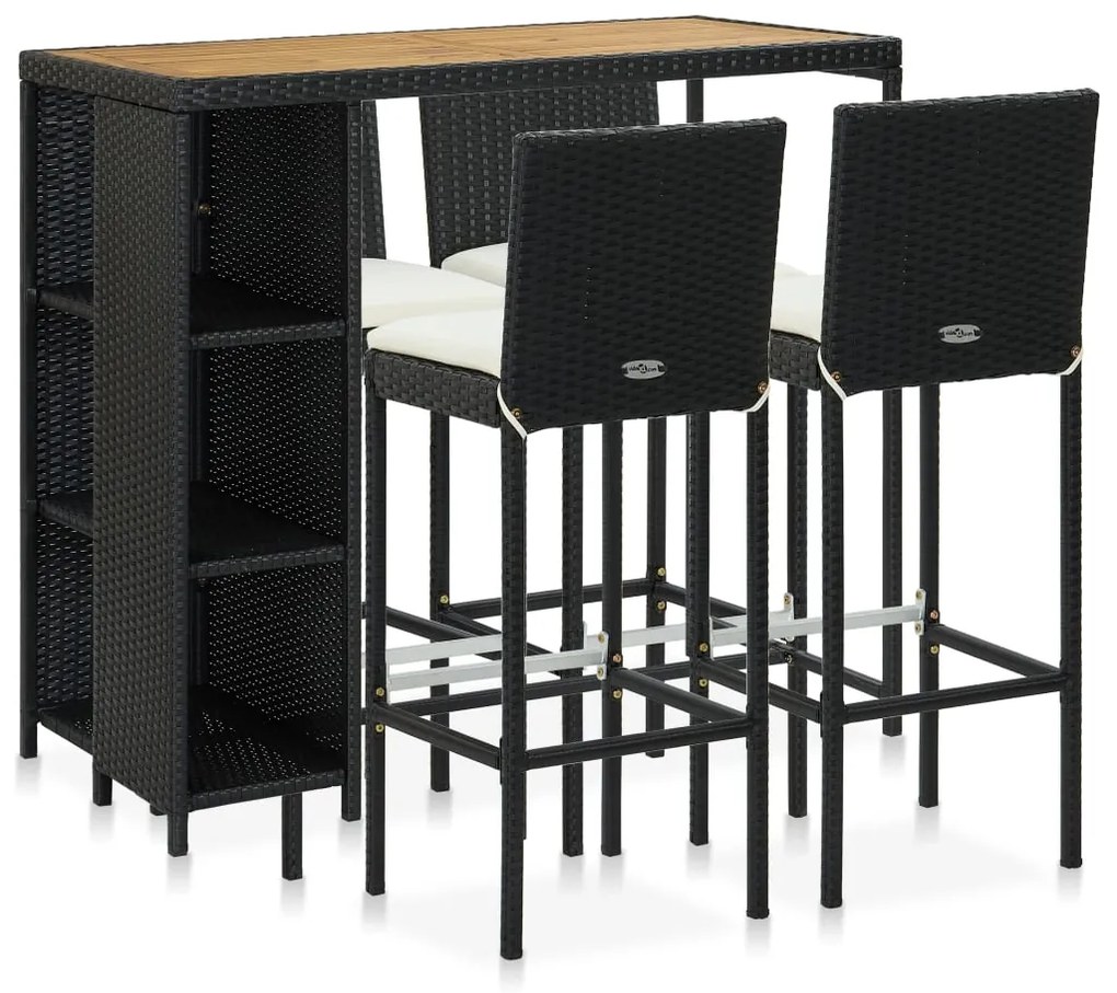 vidaXL 5 pcs conjunto de bar p/ jardim c/ almofadões vime PE preto