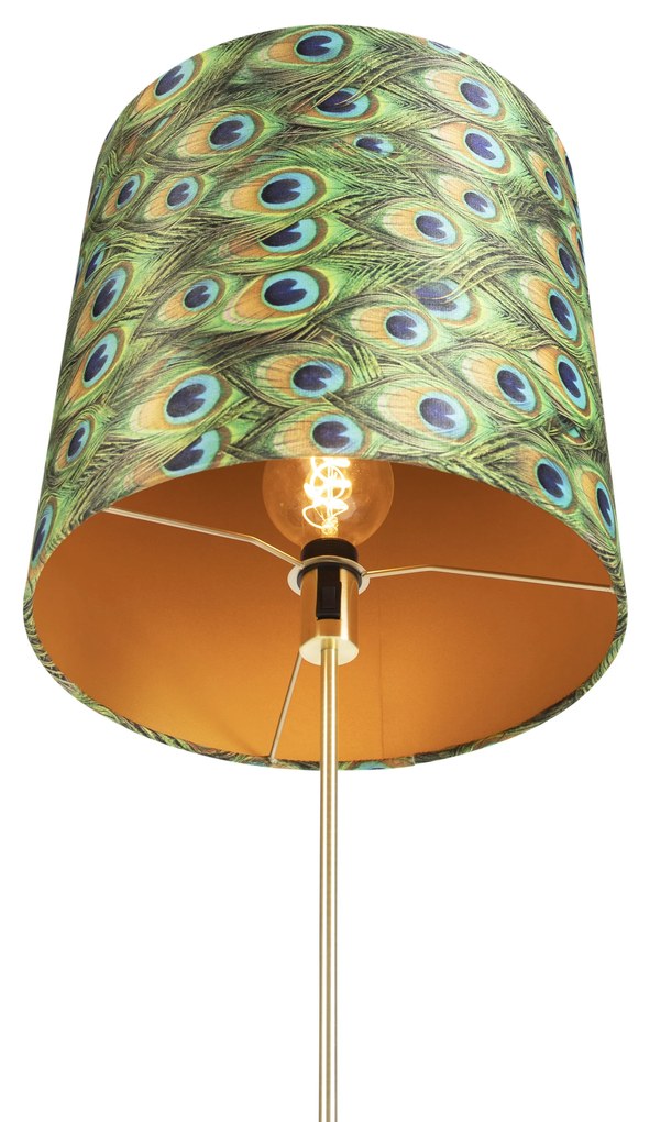 Candeeiro de pé dourado/latão com abajur de veludo verde-pavão 40/40 cm - Parte Clássico / Antigo