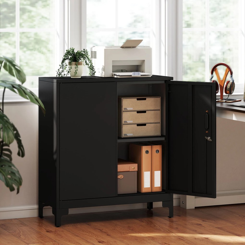 Armário de escritório de 2 níveis 80 x 35 x 91 cm, móvel de arrumação metálico para escritório com 2 portas com fechadura, preto