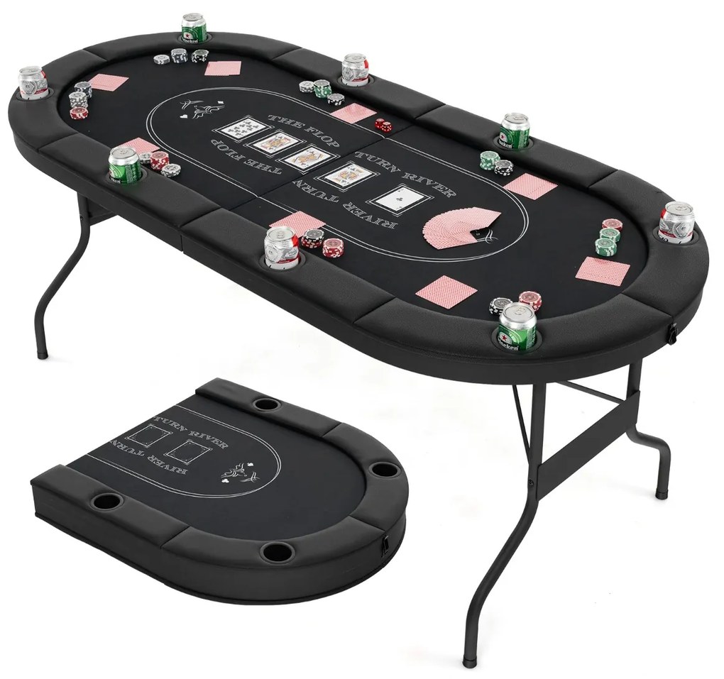 Mesa de póquer dobrável de 182 cm para 8 jogadores oval portátil para jogos com porta-copos e grades acolchoadas para casa Preto