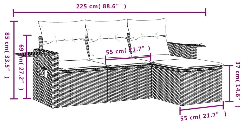 4 pcs conj. sofás jardim c/ almofadões vime PE cinzento-claro