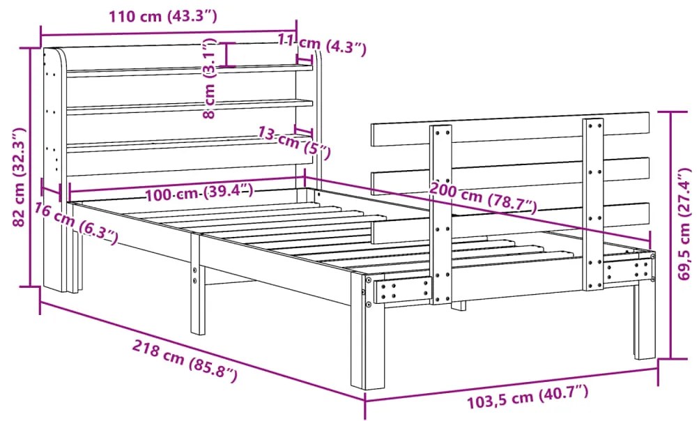 Estrutura cama c/ cabeceira 100x200cm pinho maciço castanho-mel