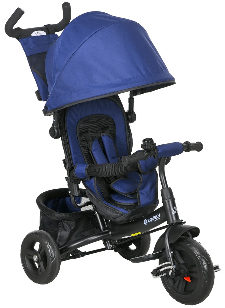 HOMCOM Triciclo Bebés 2 em 1 +12 Meses Capota Dobrável Guiador Telescópico Removível Bolsa Porta-garrafas Seguro 95x50x106 cm Azul | Aosom Portugal