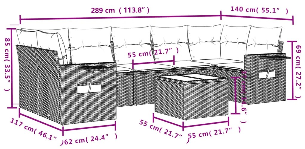 8 pcs conjunto sofás de jardim c/ almofadões vime PE castanho