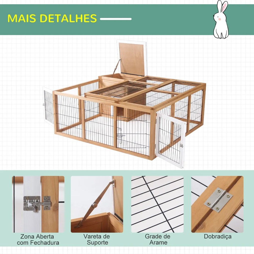Coelheira de Exterior Gaiola para Coelhos Porquinho da India Animais Pequenos com 2 Portas Superiores e Teto Asfáltico Dobrável 123x120x52cm Madeira Natural