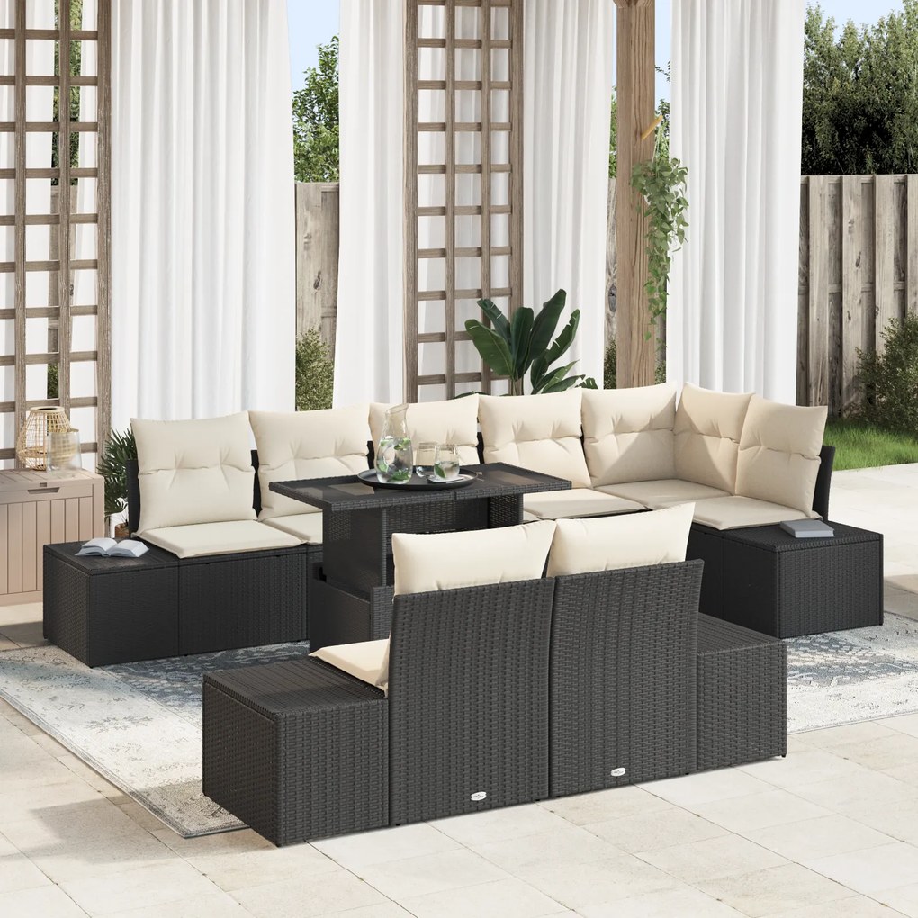 Conjunto de Sofás de Jardim com 9 Peças e Almofadas Preto em Rattan