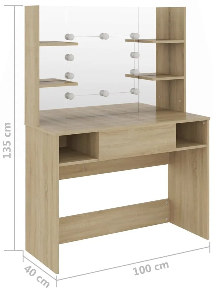 Mesa de maquilhagem c/ luzes LED 100x40x135 cm MDF cor carvalho