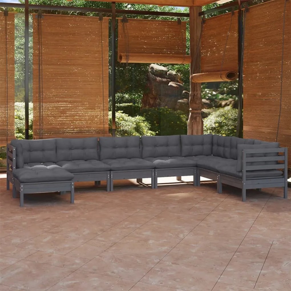8 pcs conjunto lounge de jardim + almofadões pinho maciço cinza