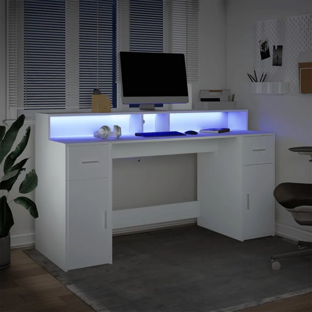 Secretária c/ luzes LED 140x55x91cm derivados de madeira branco