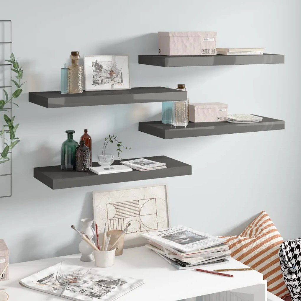 vidaXL Prateleiras de parede suspensas 4 pcs 60x23,5x3,8cm MDF cinza
