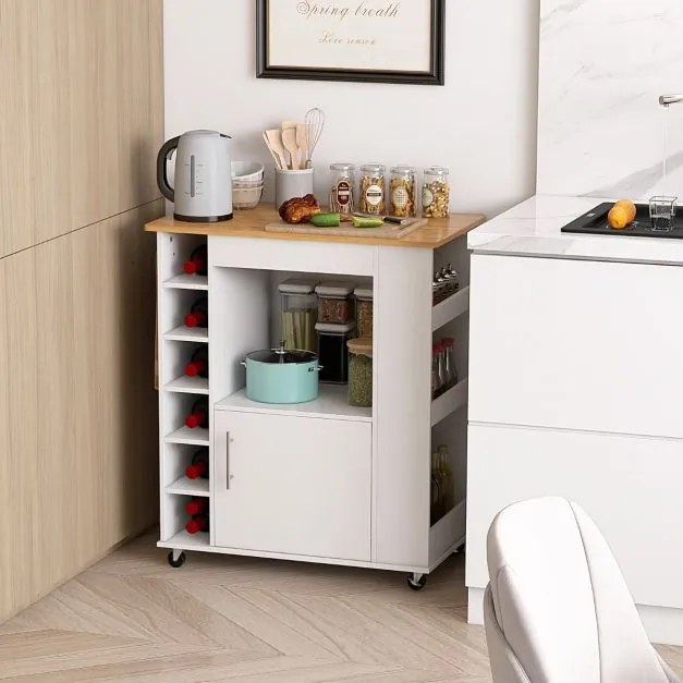 Carrinho de cozinha com rodas, toalheiro e tampa de bambu para sala de jantar e bar Estante para 6 garrafas de vinho 76 x 44 x 89 cm Branco