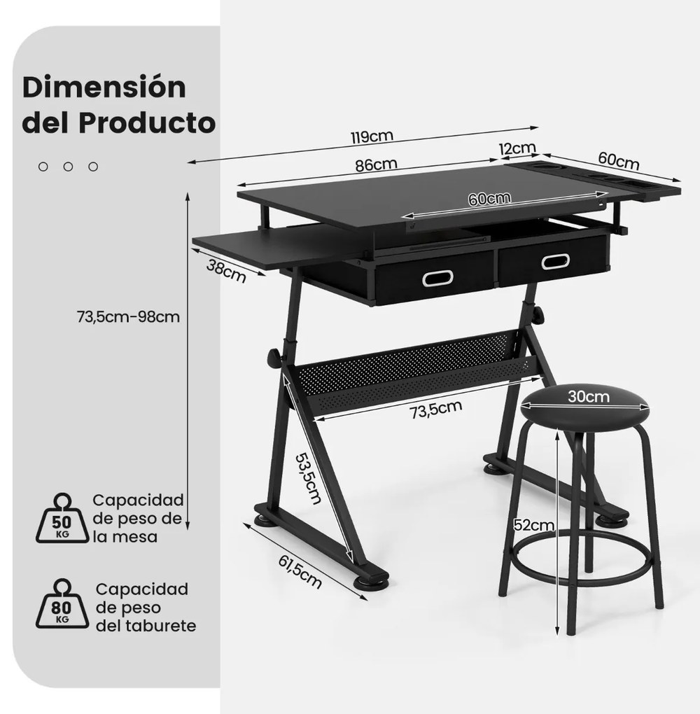 Mesa de desenho estirador ajustável em altura e ângulo 2 gavetas com banco Preta