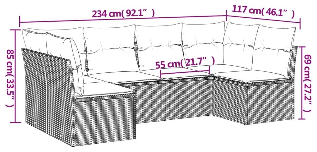 6 pcs conjunto sofás de jardim com almofadões vime cinzento