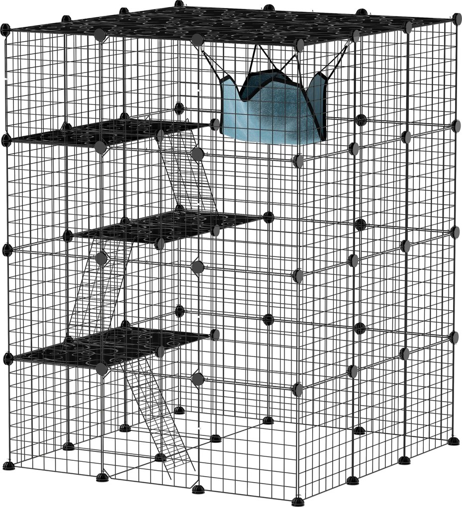 Gaiola Grande para Gatos de Interior com 4 Níveis  5 Portas 3 Plataformas de Salto 3 Rampas e Rede 105x105x140 cm Preto