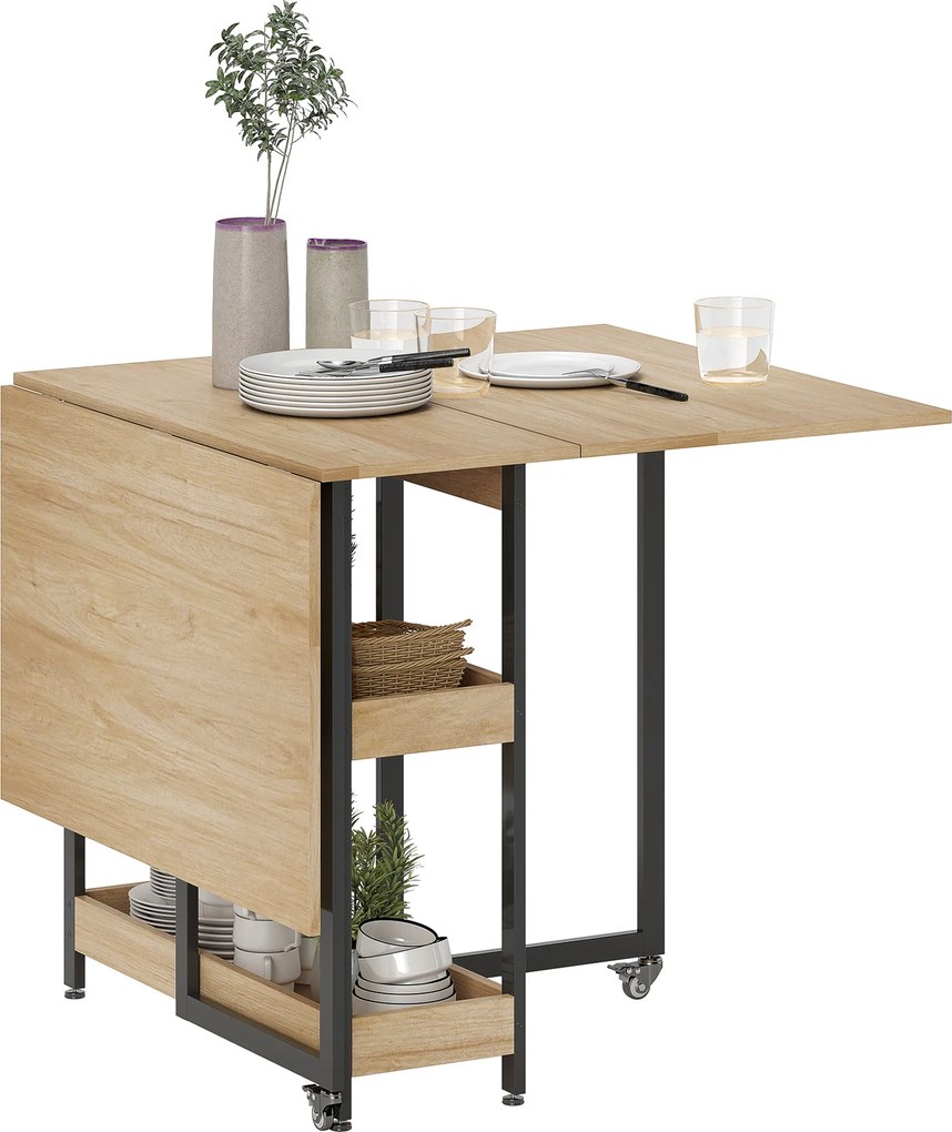 Mesa de jantar dobrável com rodas para 4 pessoas 133,4 x 80  x 75 cm (Desdobrada), com compartimentos abertos, ideal para espaços reduzidos cor carval