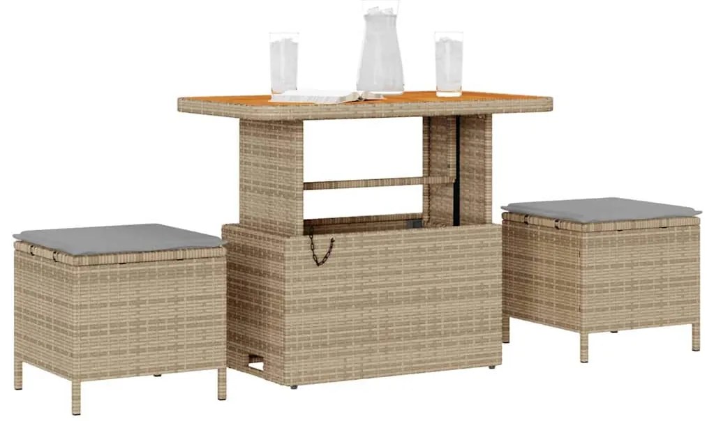Conjunto de Jantar Jardim 3 Peças com Almofadas Bege em Rattan Sintéti