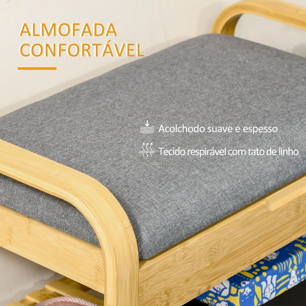 HOMCOM Banco Sapateiro de Bambú Banco para Sapatos com Prateleira Almofada Acolchoada Abatível e Espaço Oculto de Armazenamento para Entrada Corredor 60x33x50cm Natural