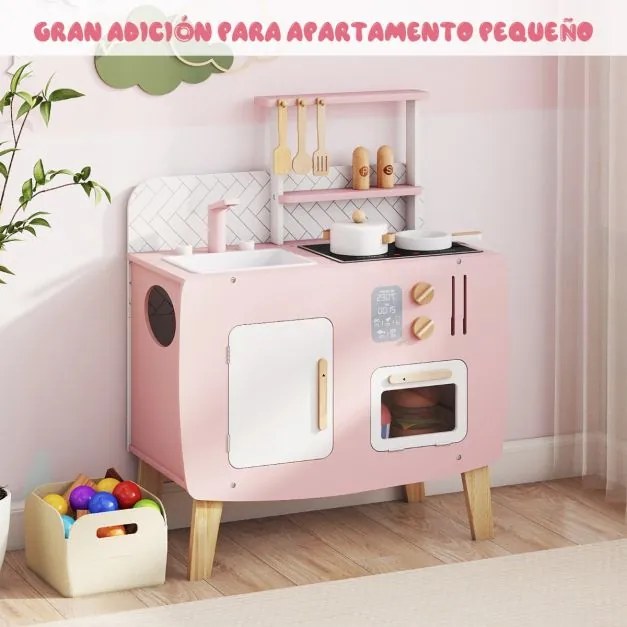 Cozinha de brincar em madeira para crianças 58 x 29 x 73,5 cm com fogão, lava-loiça, torneira, forno e acessórios para brincar às casinhas 3+ anos Ros
