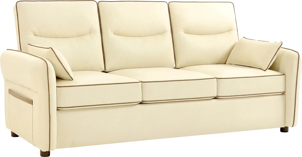 HOMCOM Sofá 3 Lugares Sofá de Sala Moderno Estofado em Couro Sintético com Bolso Lateral e 2 Almofadas 190x85x80 cm Bege | Aosom Portugal