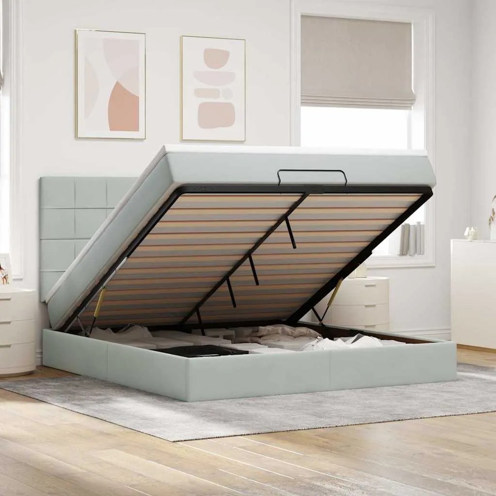 Estrutura cama otomana colchões 180x200cm veludo cinzento claro