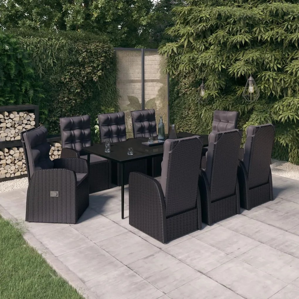 vidaXL 9 pcs conjunto de jantar para jardim com almofadões preto
