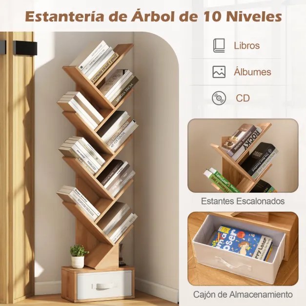 Estante de 9 níveis forma de árvore com gaveta 38 x 21,5 x 149,5 cm natural.