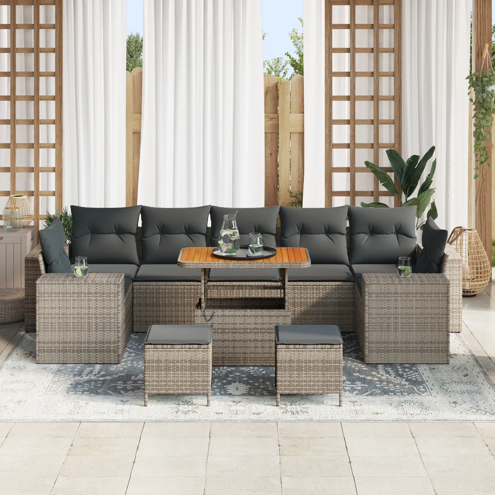 Conjunto de Sofá de Jardim de 10 Peças com Almofadas Cinza Rattan Poli