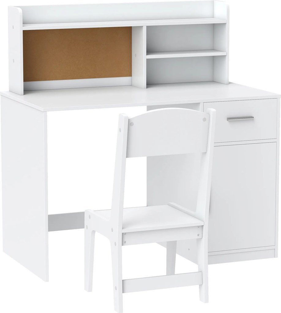 AIYAPLAY Secretária infantil com cadeira, mesa infantil e cadeira, gaveta, armário, compartimentos abertos, quadro de cortiça, branco | Aosom Portugal