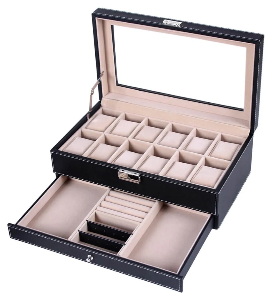 Caixa de relógio SONGMICS, estojo para relógio com tampa de vidro, vitrine de 2 níveis para 12 relógios, com fechadura, 1 gaveta, para anéis, pulseiras, ideia de presente, couro sintético preto, forro bege esverdeado JWB012