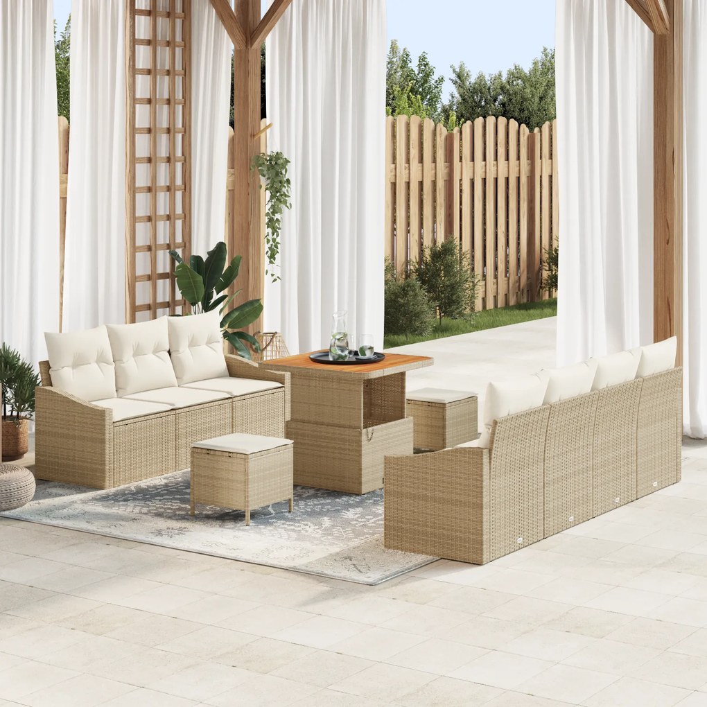Conjunto de Sofá de Jardim de 10 Peças com Almofadas Bege Vime Acácia