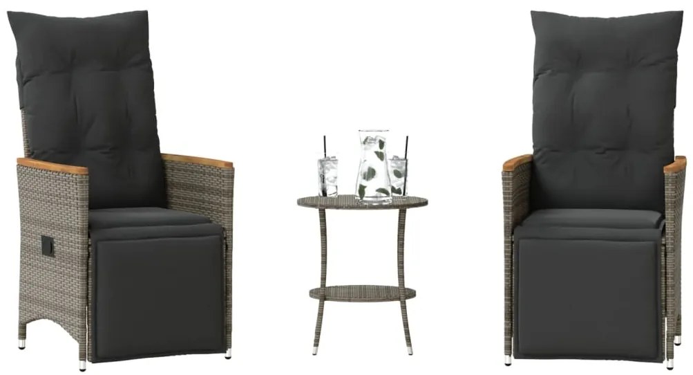 3 pcs conjunto bistrô com almofadões vime PE cinza