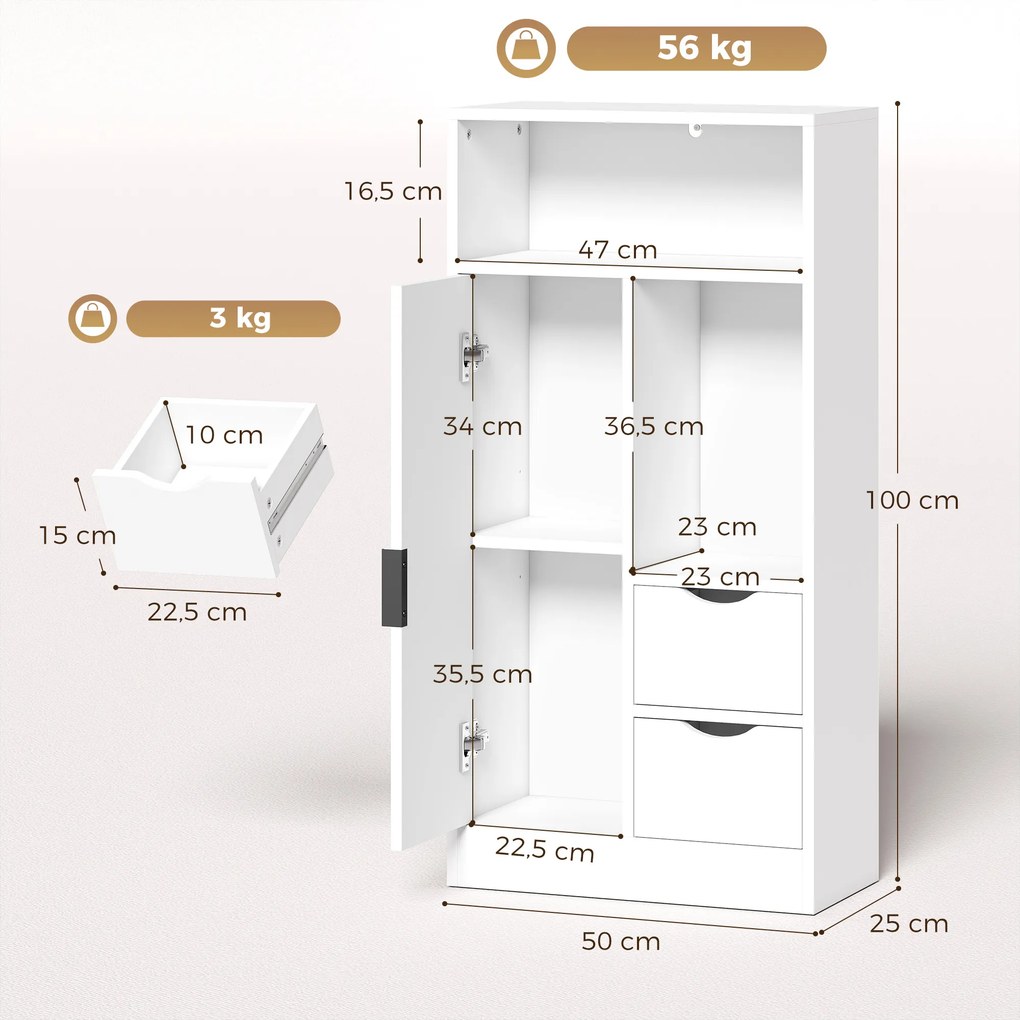 Armário para Casa de Banho com 2 Gavetas, Compartimentos Abertos e Prateleiras Ajustáveis para Espaços Pequenos 50x25x100 cm Branco