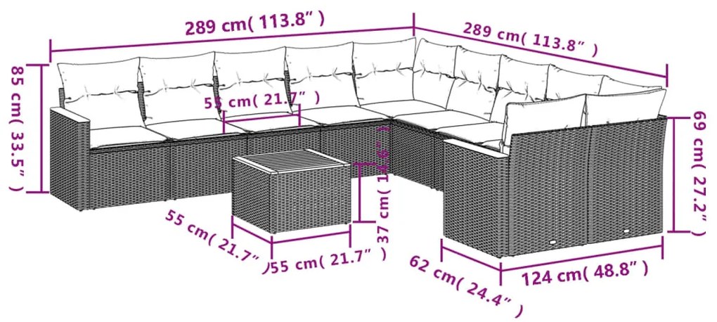 11 pcs conjunto sofás de jardim c/ almofadões vime PE bege