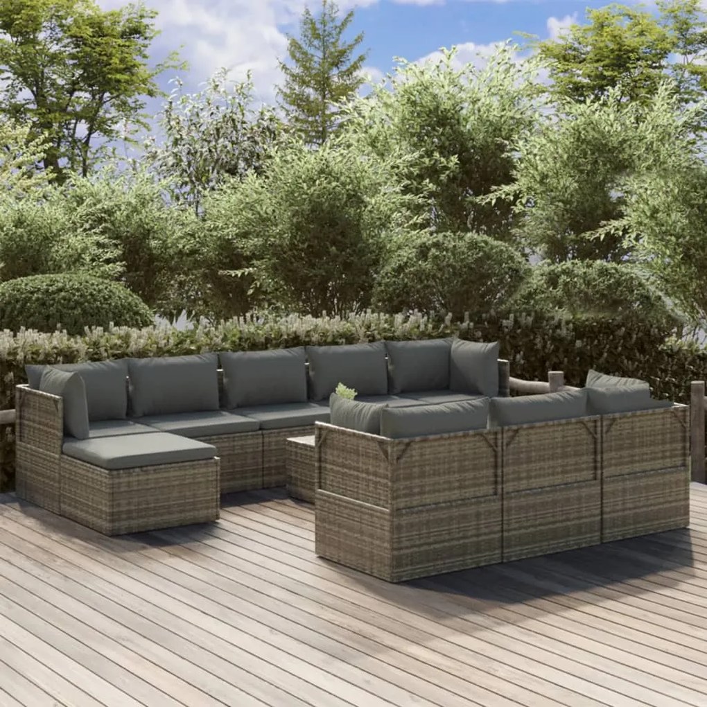 vidaXL 11 pcs conjunto lounge de jardim c/ almofadões vime PE cinzento