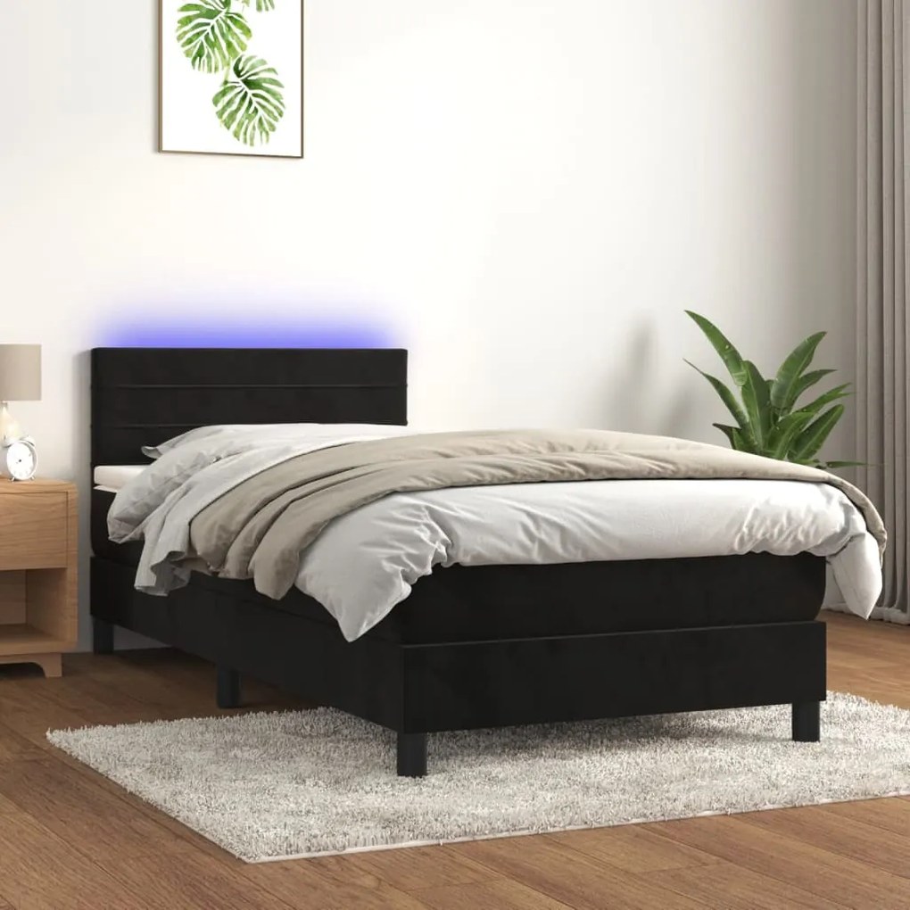 Cama box spring c/ colchão/LED 100x200 cm veludo preto