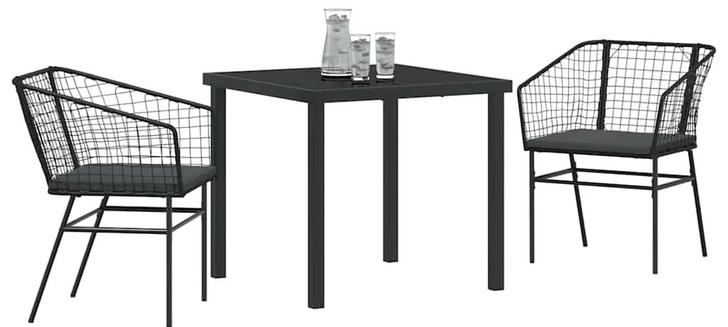 Conjunto de Jantar de Jardim com 3 Peças e Almofadas Pretas em Rattan