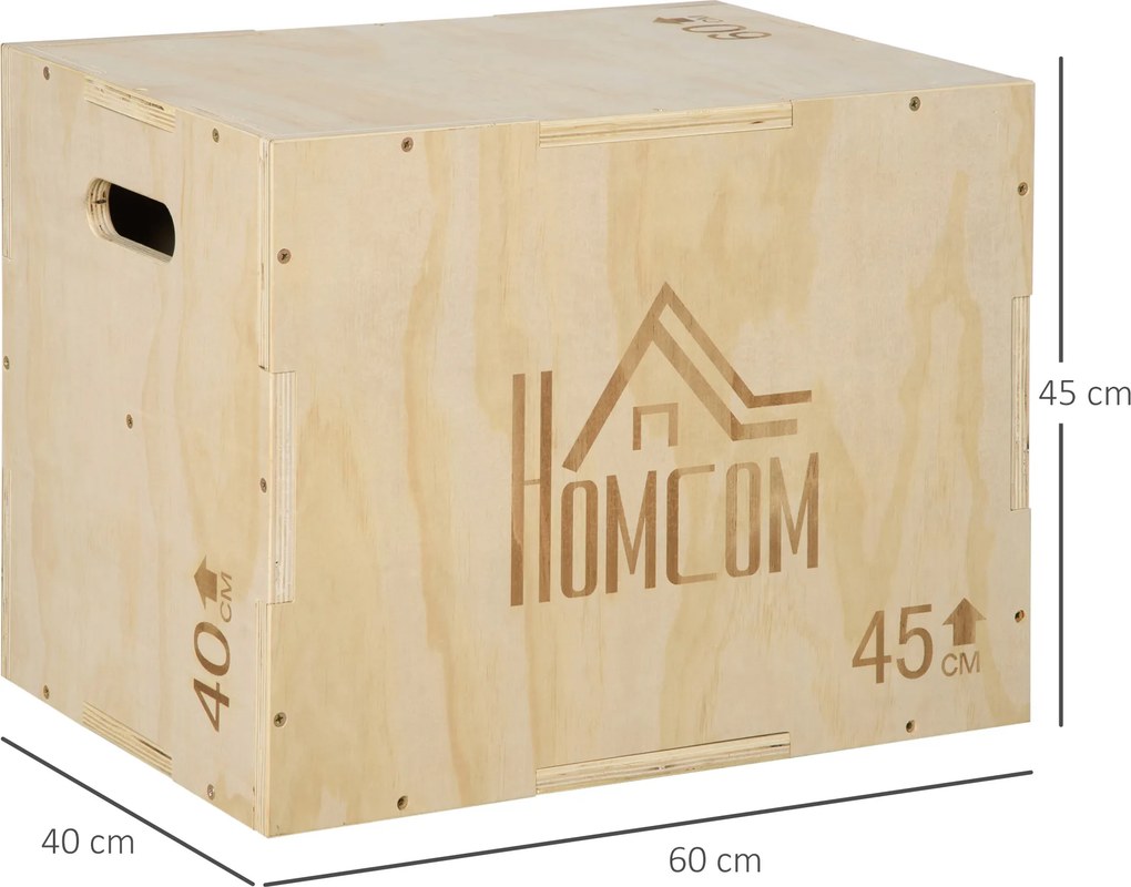 Aparelho de box jump pliométrico 3 em 1, caixa de salto para musculação, fitness e treino cruzado 40/45/60 cm, em madeira